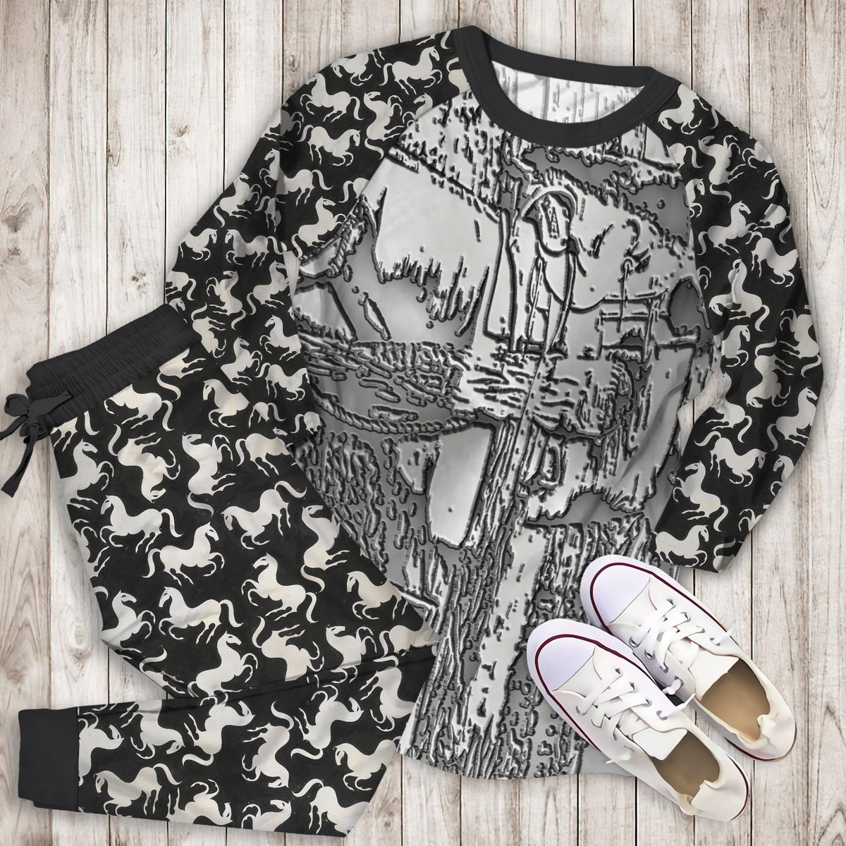 Horse Pajama Set | Pajamas | Cotton Sleepwear Sets | Soft Long Sleeve Pjs | Raglan Shirt and Pants Set