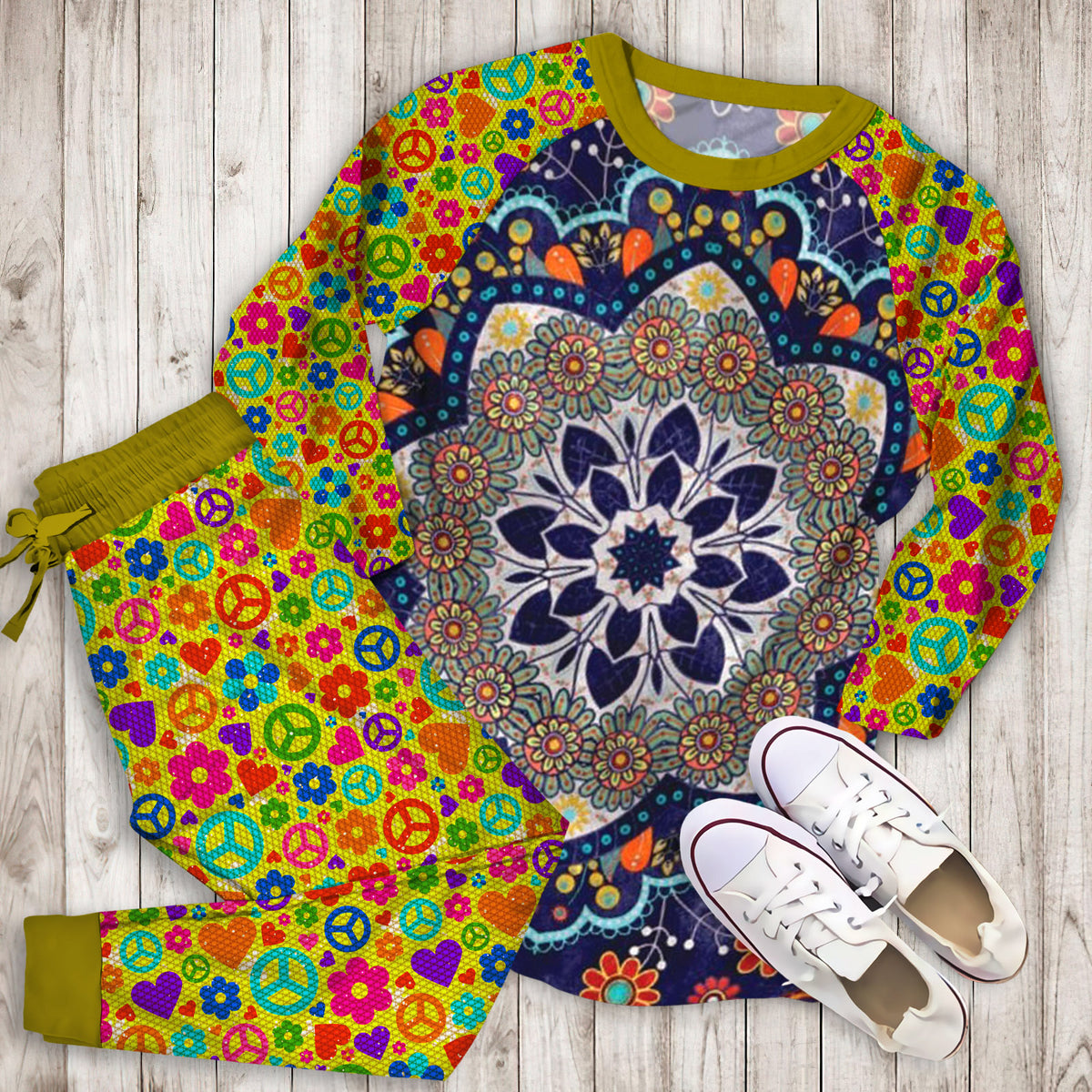 Hippie Beautiful Ethnic Mandala Pajama Set |Sleepwear Pjs Sets | Raglan Shirt Pants Set