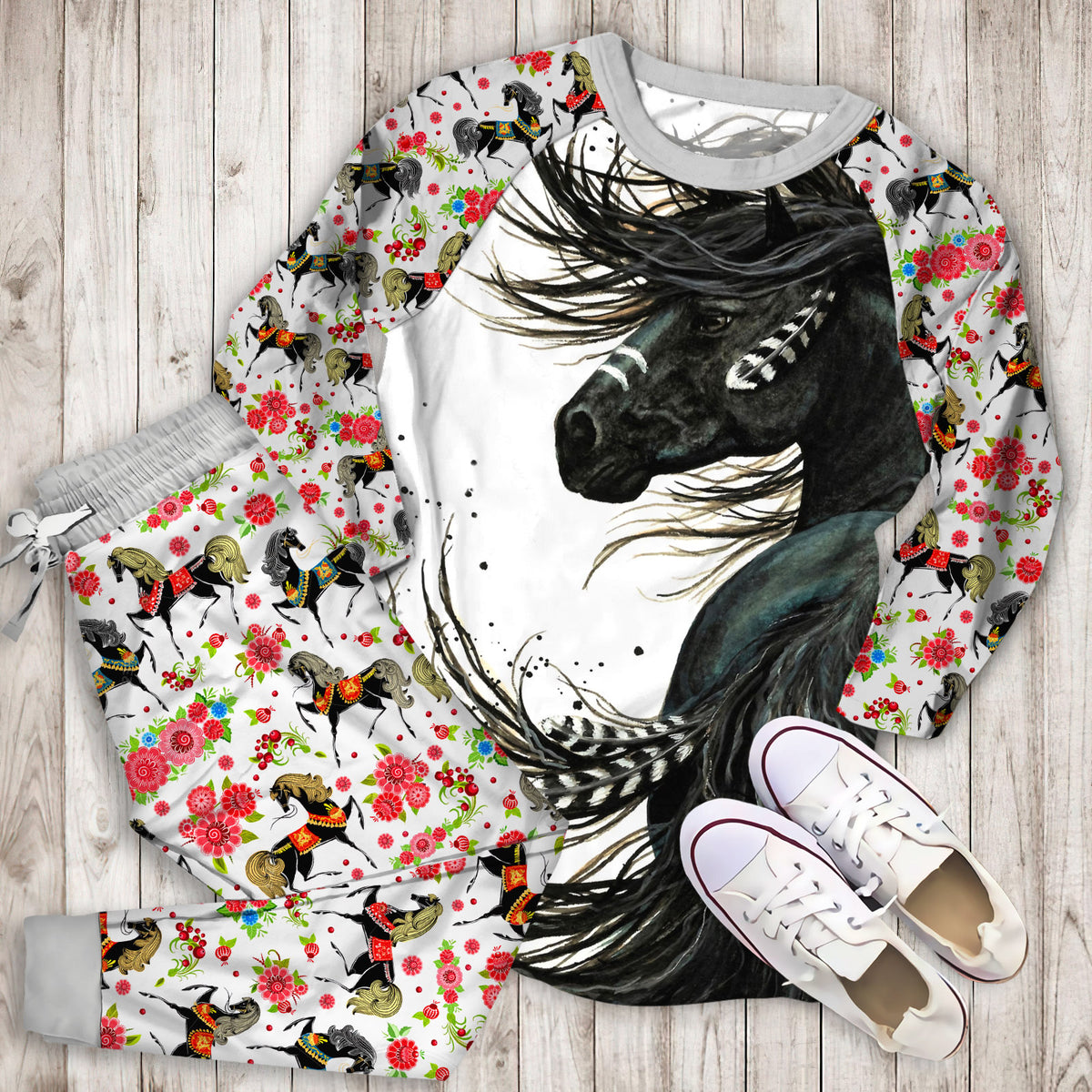 Black Horse Pajama Set | Pajamas | Cotton Sleepwear Sets | Soft Long Sleeve Pjs | Raglan Shirt and Pants Set