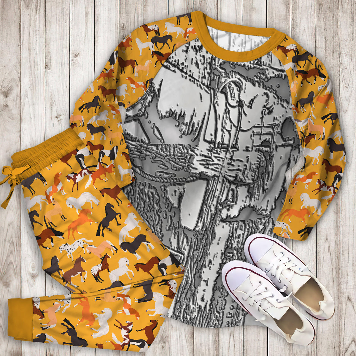 Horse Pajama Set | Pajamas | Cotton Sleepwear Sets | Soft Long Sleeve Pjs | Raglan Shirt and Pants Set