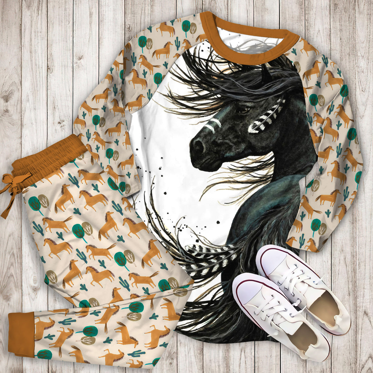 Black Horse Pajama Set | Pajamas | Cotton Sleepwear Sets | Soft Long Sleeve Pjs | Raglan Shirt and Pants Set