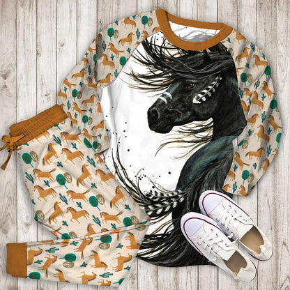 Black Horse Pajama Set | Pajamas | Cotton Sleepwear Sets | Soft Long Sleeve Pjs | Raglan Shirt and Pants Set