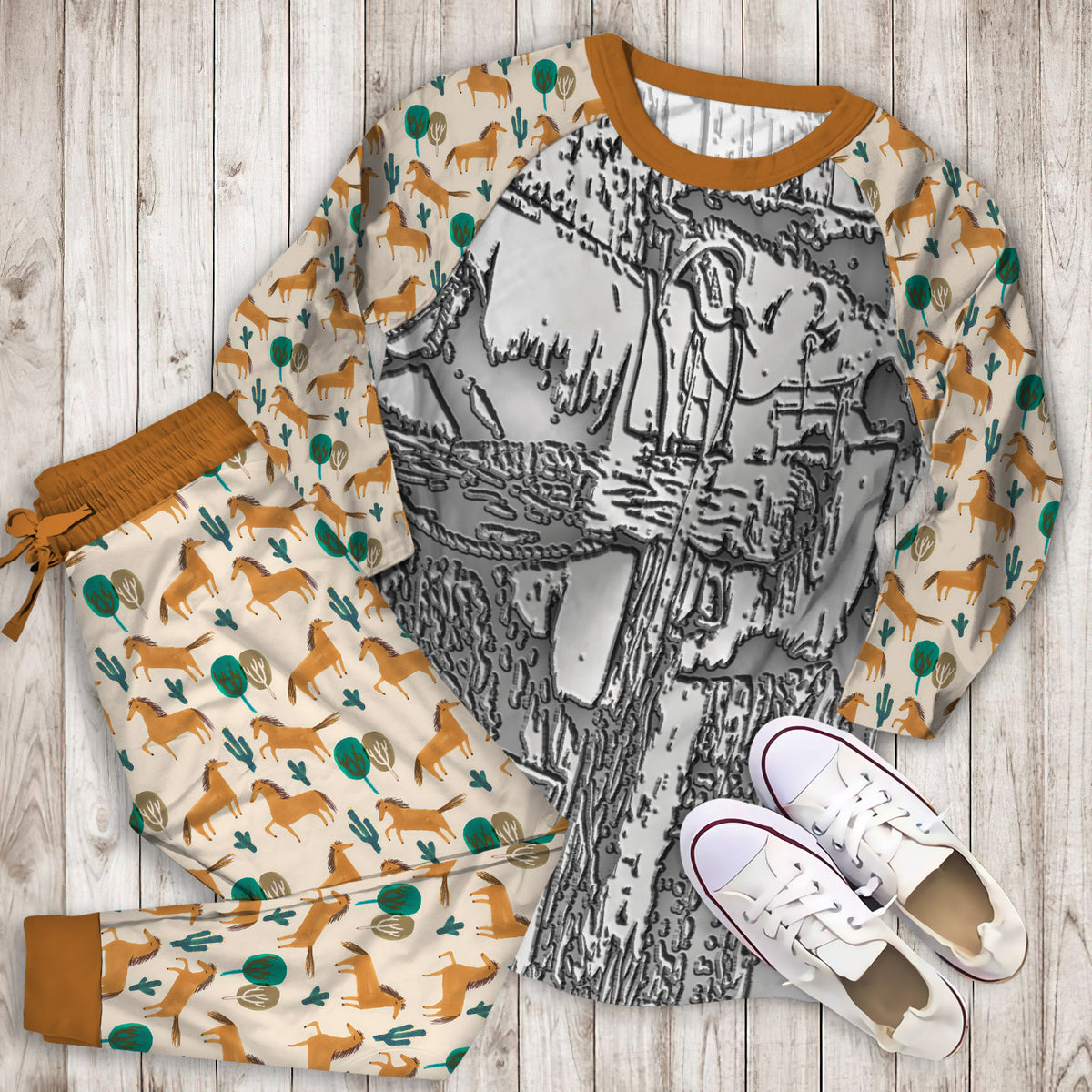 Horse Pajama Set | Pajamas | Cotton Sleepwear Sets | Soft Long Sleeve Pjs | Raglan Shirt and Pants Set