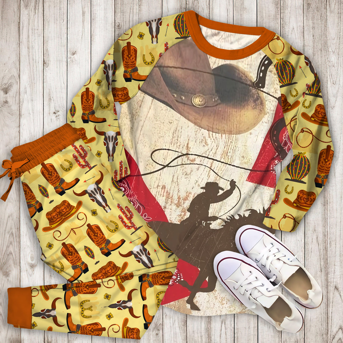 Vintage Cowboy Pajama Set | Pajamas | Cotton Sleepwear Sets | Soft Long Sleeve Pjs | Raglan Shirt and Pants Set