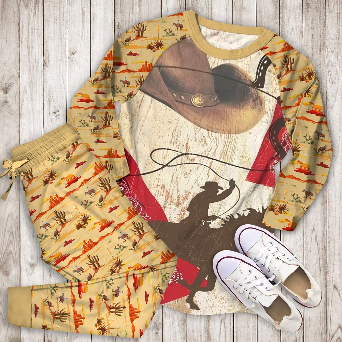 Vintage Cowboy Pajama Set | Pajamas | Cotton Sleepwear Sets | Soft Long Sleeve Pjs | Raglan Shirt and Pants Set