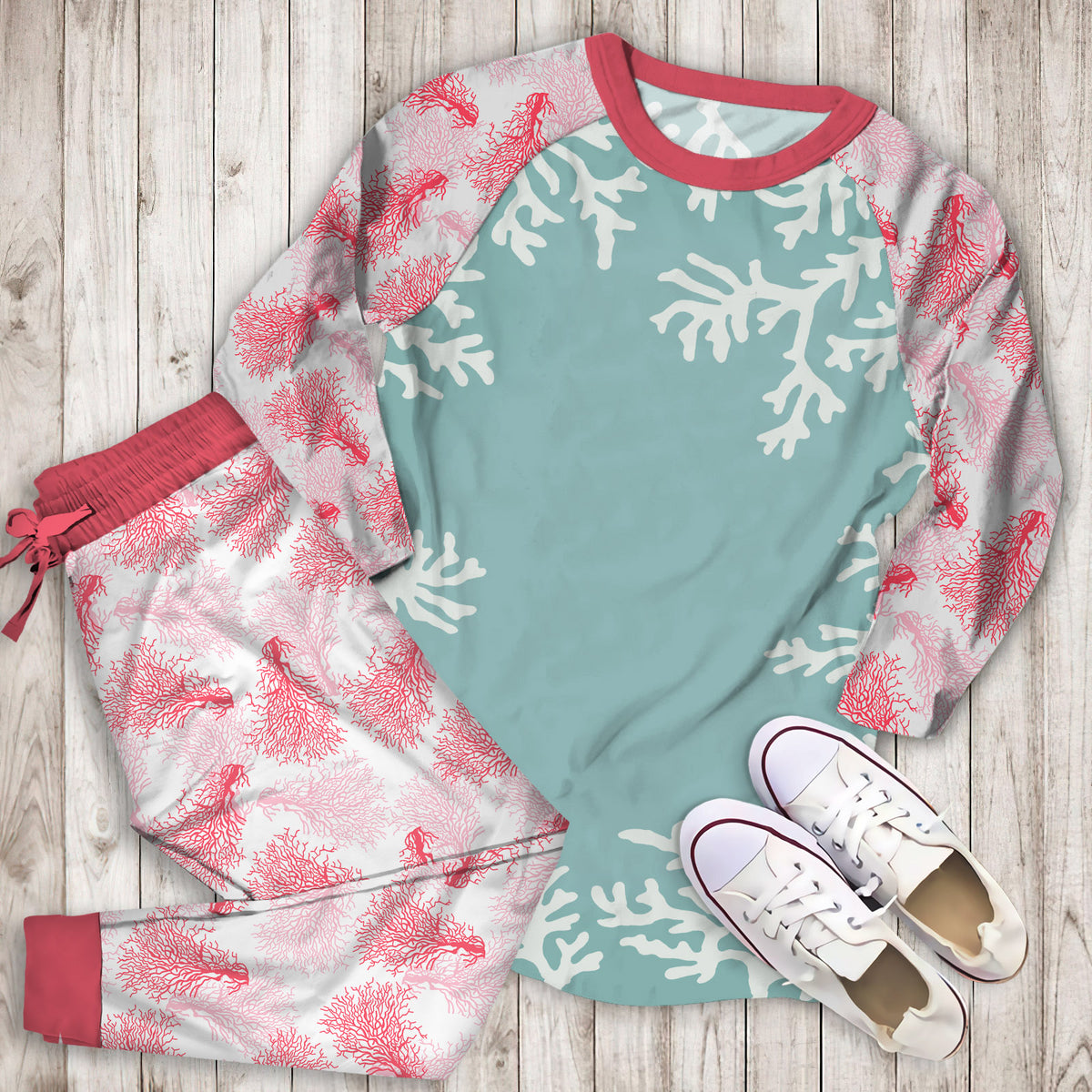 Coral Reef Pajama Set | Pajamas | Cotton Sleepwear Sets | Soft Long Sleeve Pjs | Raglan Shirt and Pants Set