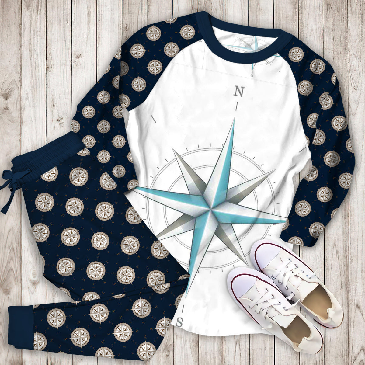 Compass Rose Pajama Set | Pajamas | Cotton Sleepwear Sets | Soft Long Sleeve Pjs | Raglan Shirt and Pants Set