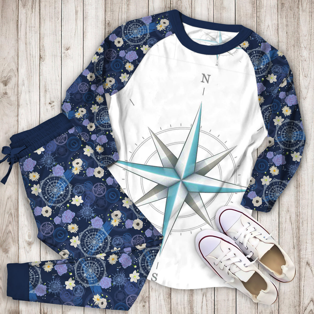 Compass Rose Pajama Set | Pajamas | Cotton Sleepwear Sets | Soft Long Sleeve Pjs | Raglan Shirt and Pants Set