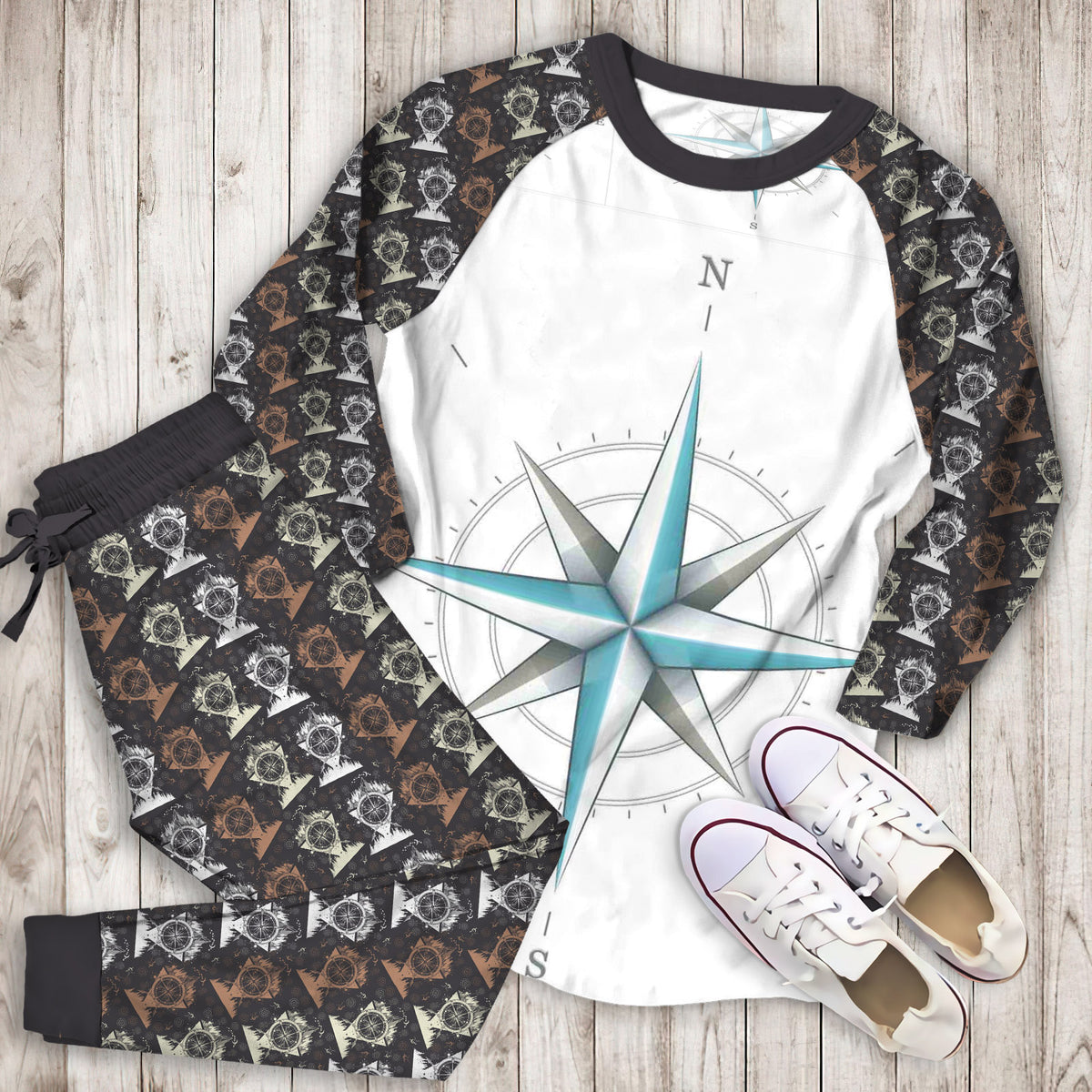 Compass Rose Pajama Set | Pajamas | Cotton Sleepwear Sets | Soft Long Sleeve Pjs | Raglan Shirt and Pants Set