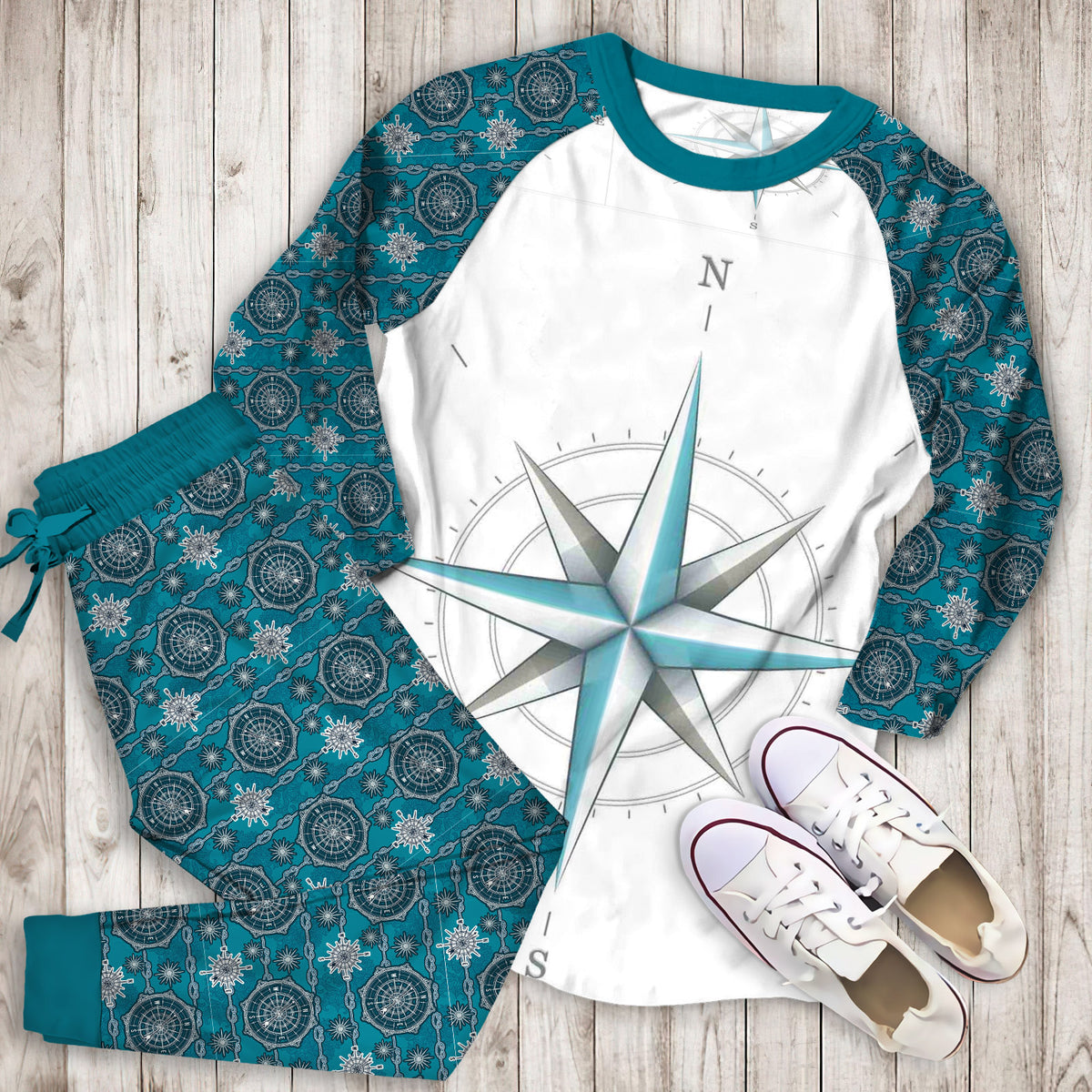 Compass Rose Pajama Set | Pajamas | Cotton Sleepwear Sets | Soft Long Sleeve Pjs | Raglan Shirt and Pants Set