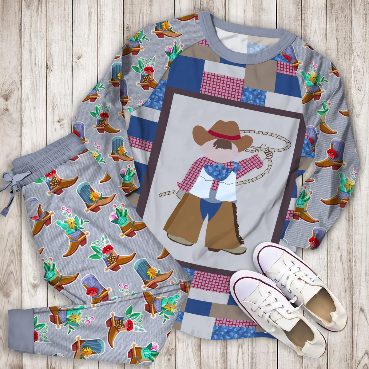 Cowboy Pajama Set | Pajamas | Cotton Sleepwear Sets | Soft Long Sleeve Pjs | Raglan Shirt and Pants Set