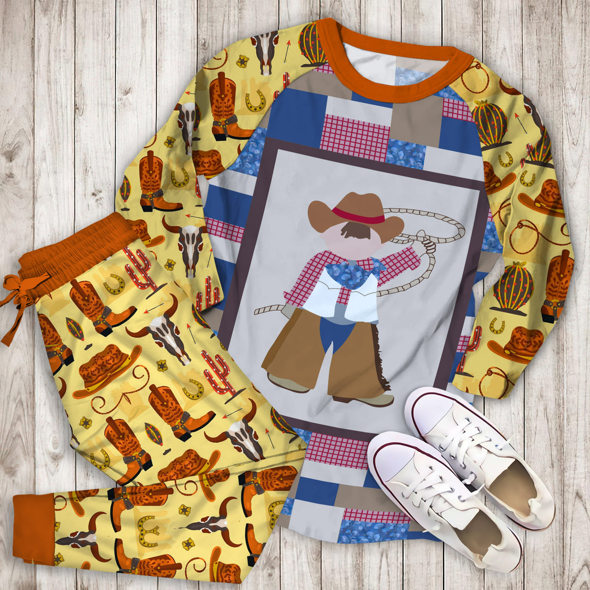 Cowboy Pajama Set | Pajamas | Cotton Sleepwear Sets | Soft Long Sleeve Pjs | Raglan Shirt and Pants Set