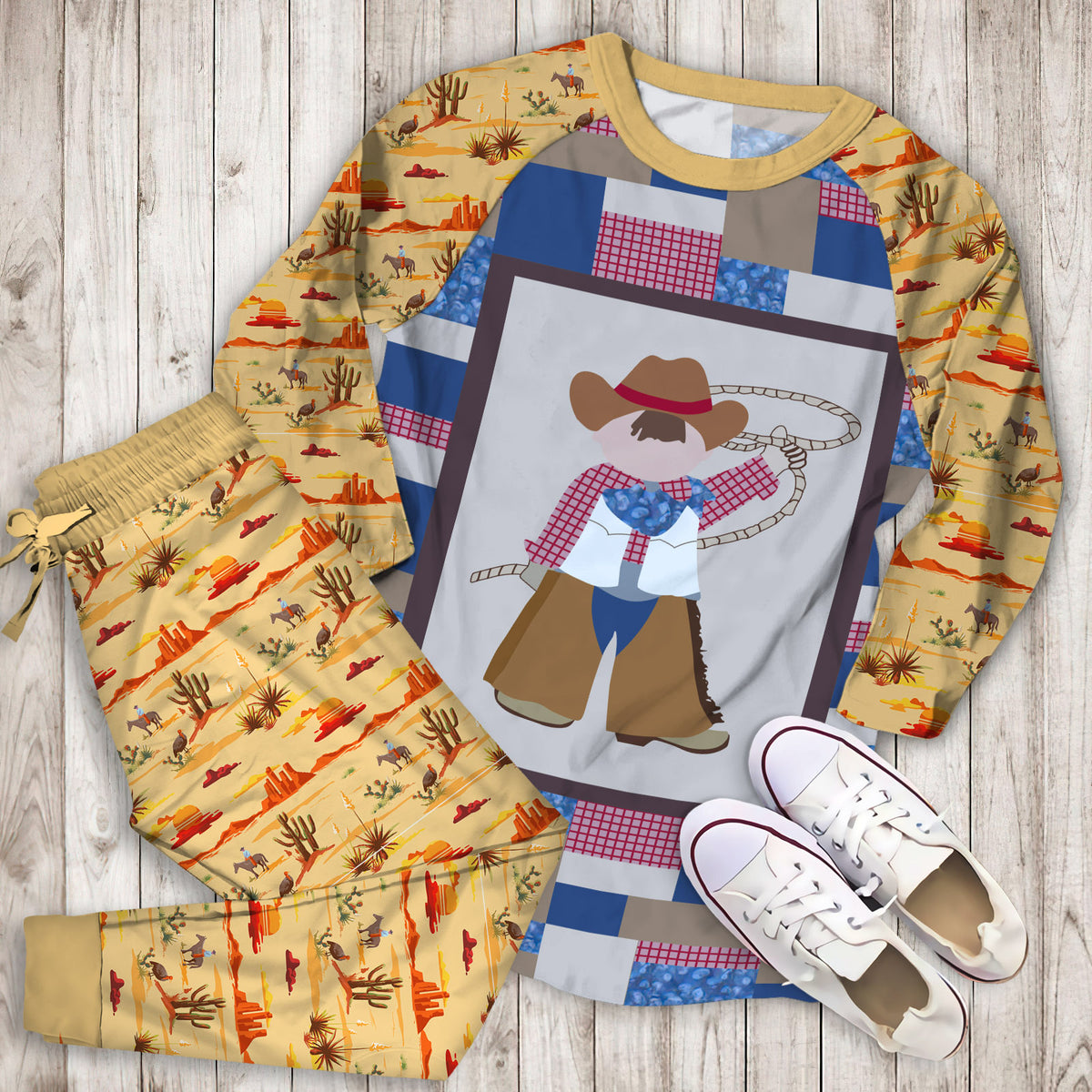 Cowboy Pajama Set | Pajamas | Cotton Sleepwear Sets | Soft Long Sleeve Pjs | Raglan Shirt and Pants Set