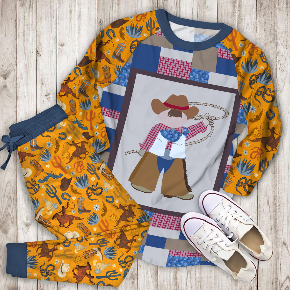 Cowboy Pajama Set | Pajamas | Cotton Sleepwear Sets | Soft Long Sleeve Pjs | Raglan Shirt and Pants Set