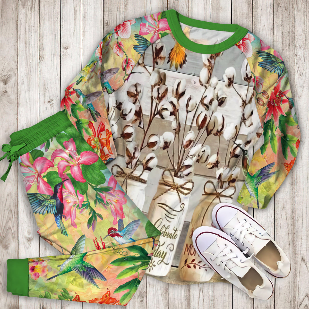 Humming Bird Pajama Set | Pajamas | Cotton Sleepwear Sets | Soft Long Sleeve Pjs | Raglan Shirt and Pants Set