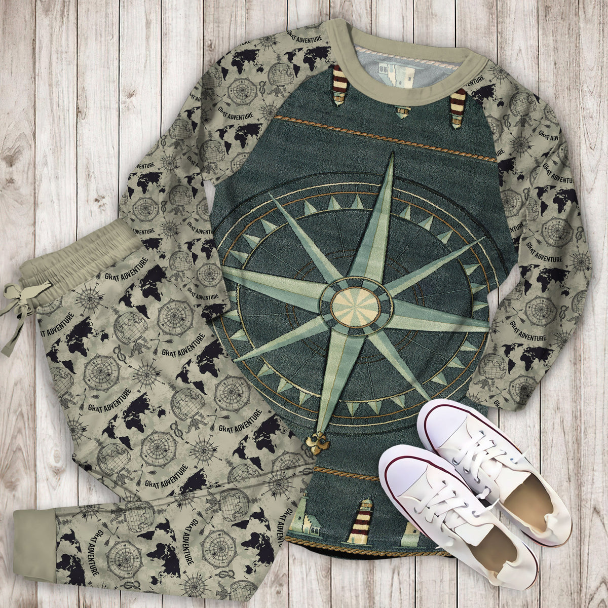 Compass Rose Nautical Pajama Set |Sleepwear Pjs Sets | Raglan Shirt Pants Set