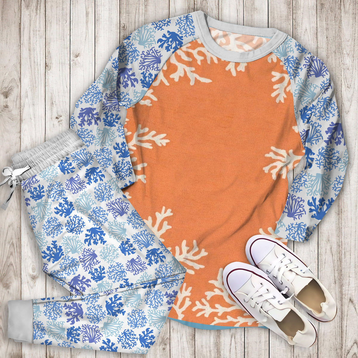 Coral Border Pajama Set | Pajamas | Cotton Sleepwear Sets | Soft Long Sleeve Pjs | Raglan Shirt and Pants Set