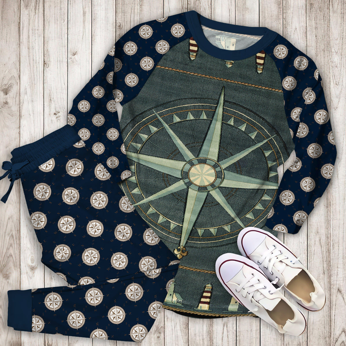 Compass Rose Nautical Pajama Set |Sleepwear Pjs Sets | Raglan Shirt Pants Set