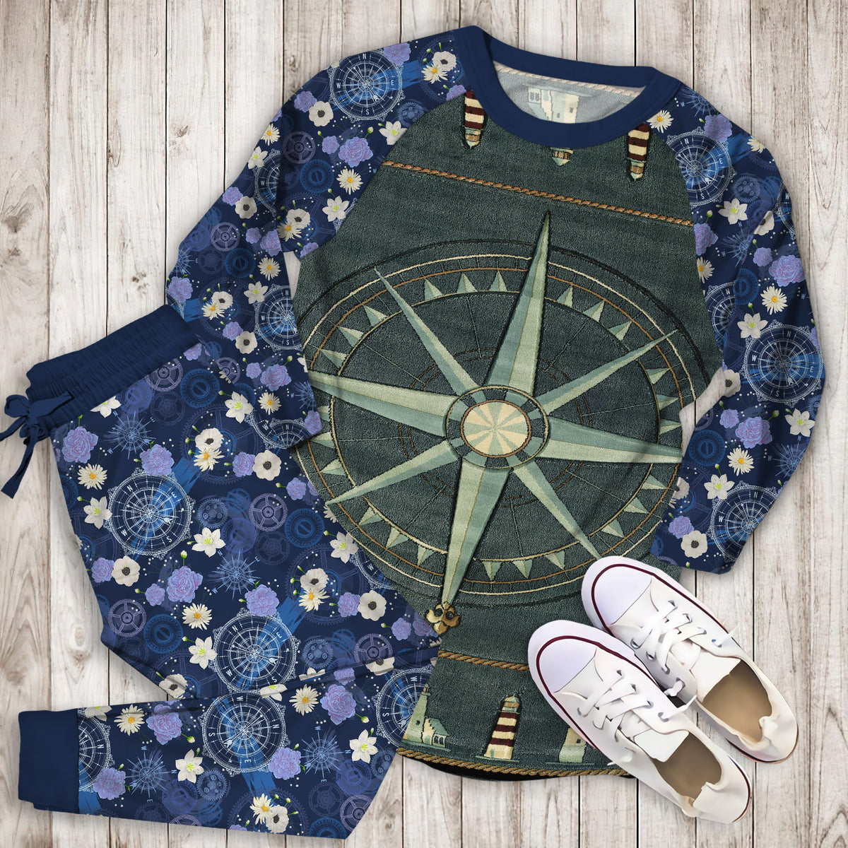 Compass Rose Nautical Pajama Set |Sleepwear Pjs Sets | Raglan Shirt Pants Set