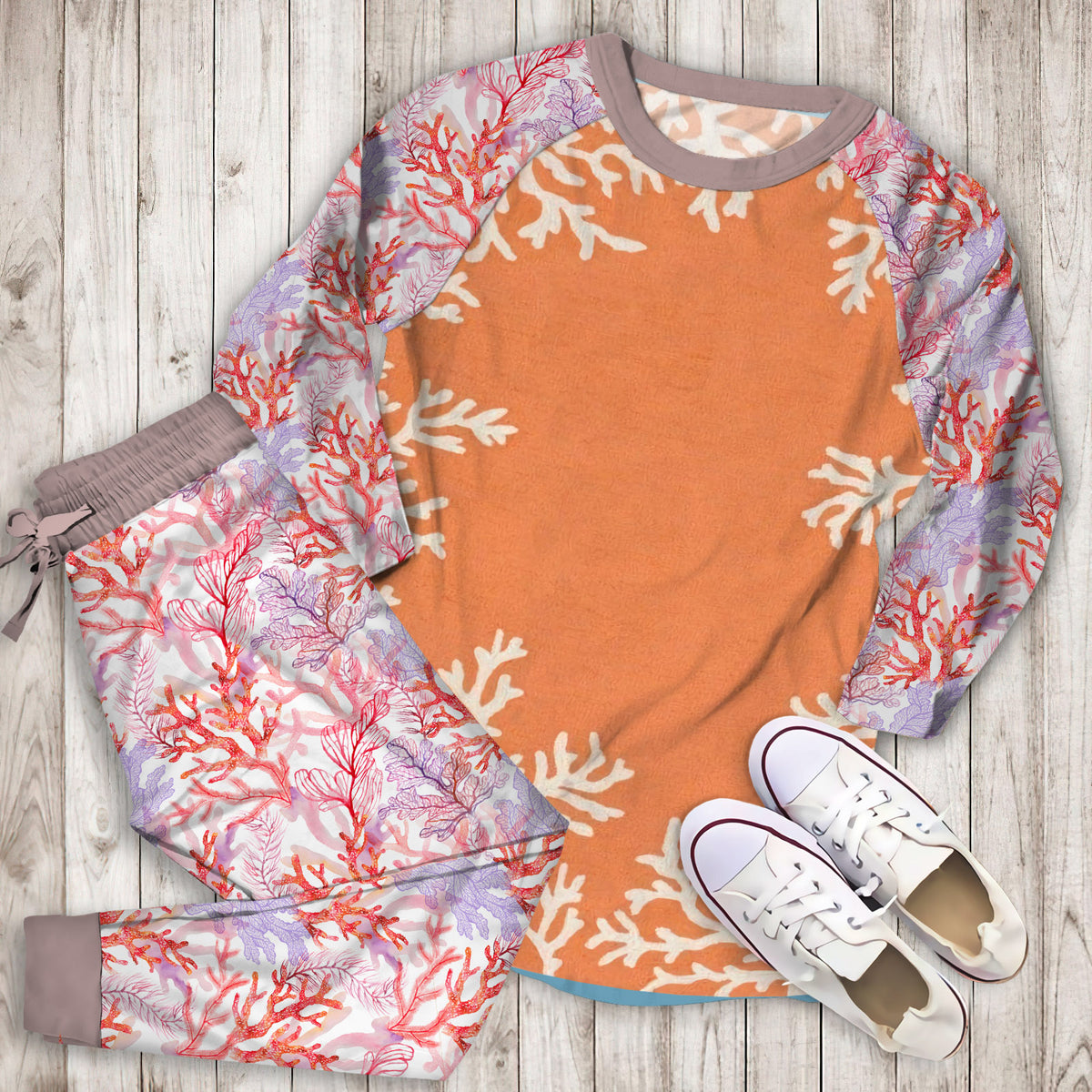 Coral Border Pajama Set | Pajamas | Cotton Sleepwear Sets | Soft Long Sleeve Pjs | Raglan Shirt and Pants Set