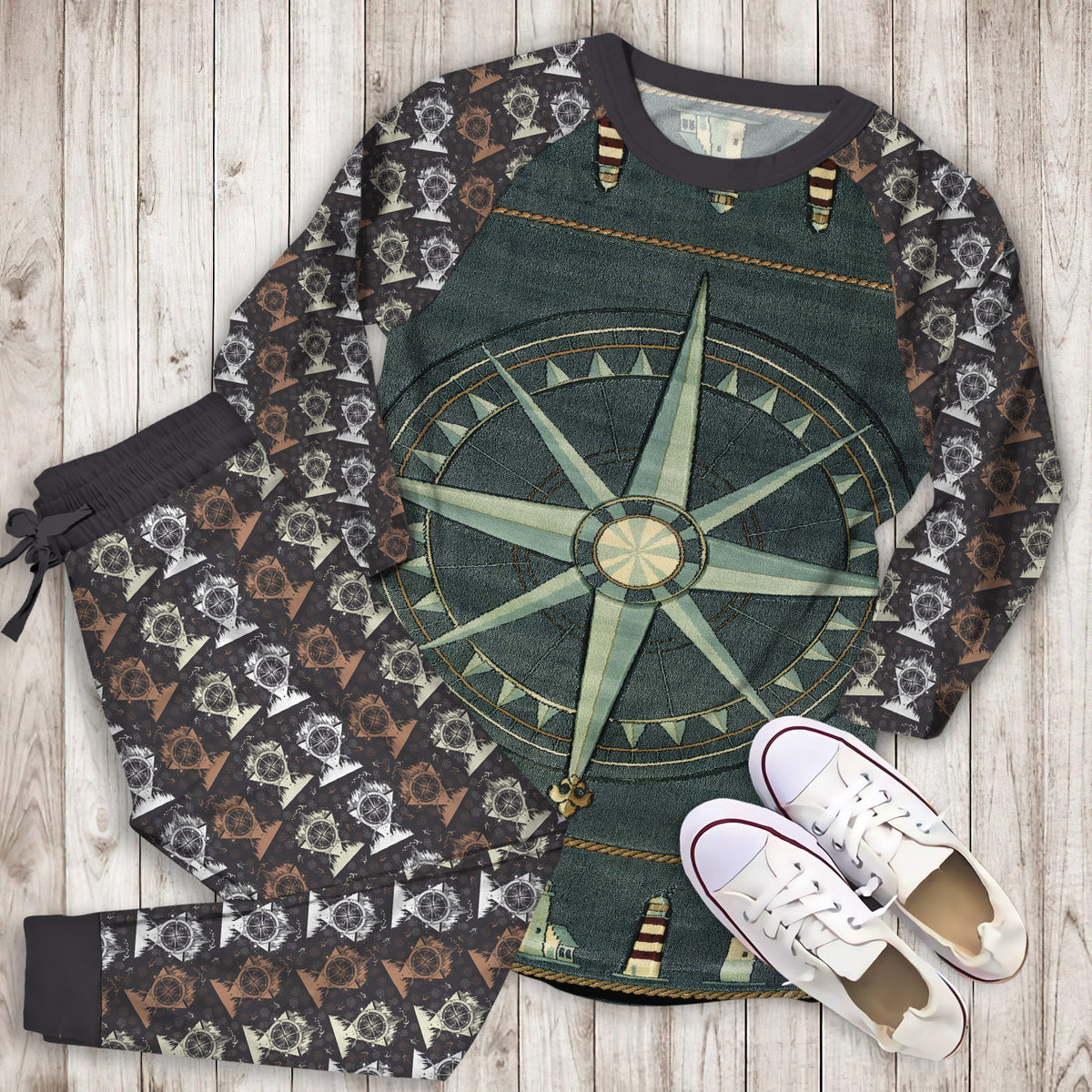 Compass Rose Nautical Pajama Set |Sleepwear Pjs Sets | Raglan Shirt Pants Set
