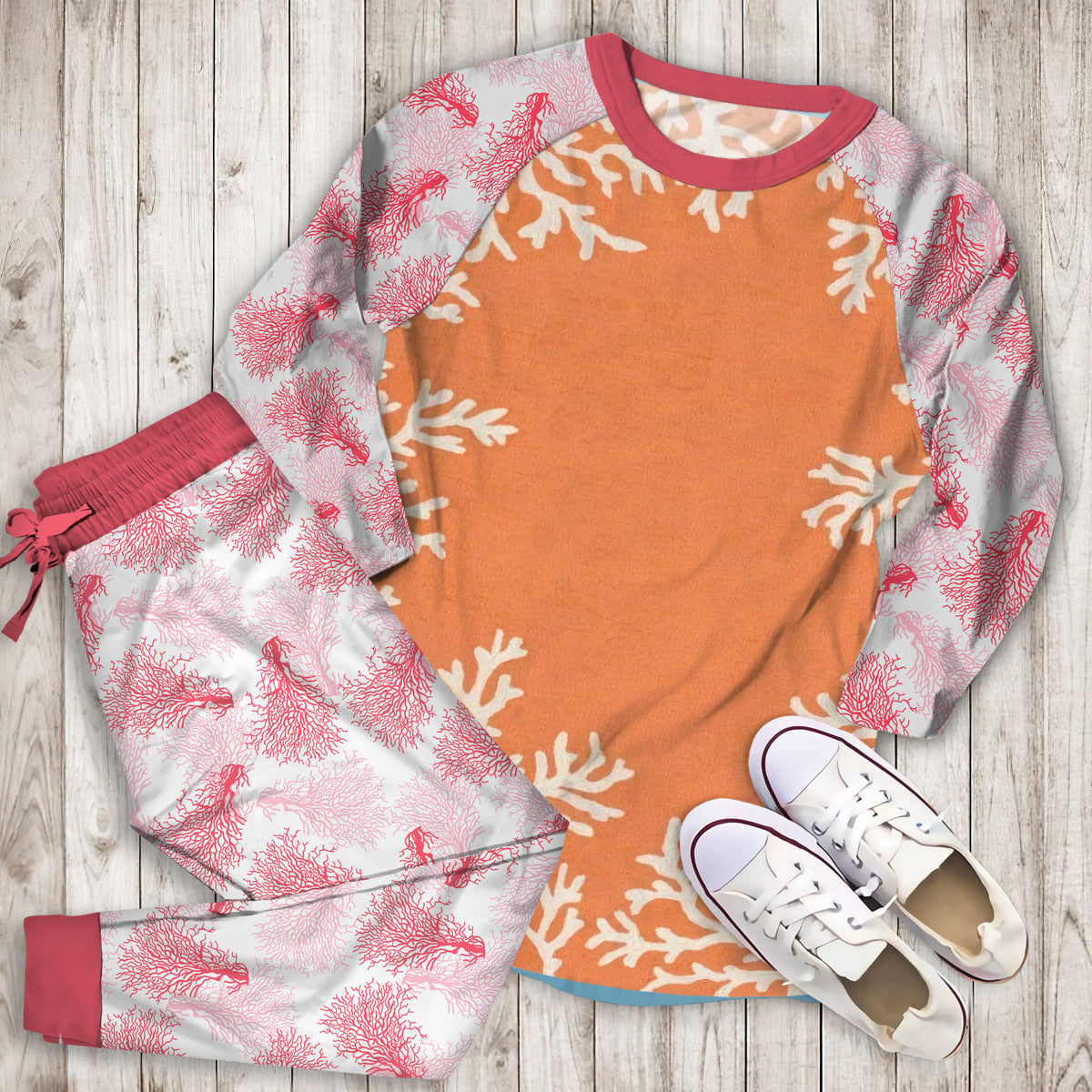 Coral Border Pajama Set | Pajamas | Cotton Sleepwear Sets | Soft Long Sleeve Pjs | Raglan Shirt and Pants Set