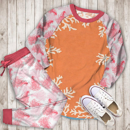 Coral Border Pajama Set | Pajamas | Cotton Sleepwear Sets | Soft Long Sleeve Pjs | Raglan Shirt and Pants Set