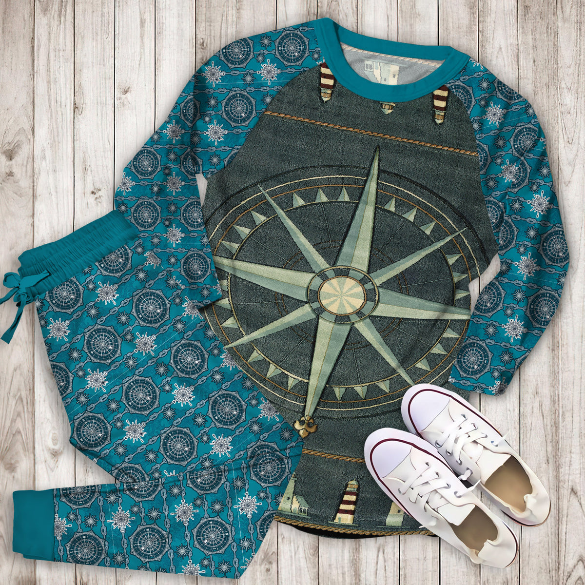 Compass Rose Nautical Pajama Set |Sleepwear Pjs Sets | Raglan Shirt Pants Set
