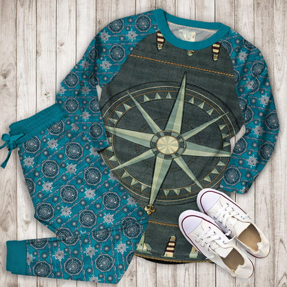 Compass Rose Nautical Pajama Set |Sleepwear Pjs Sets | Raglan Shirt Pants Set