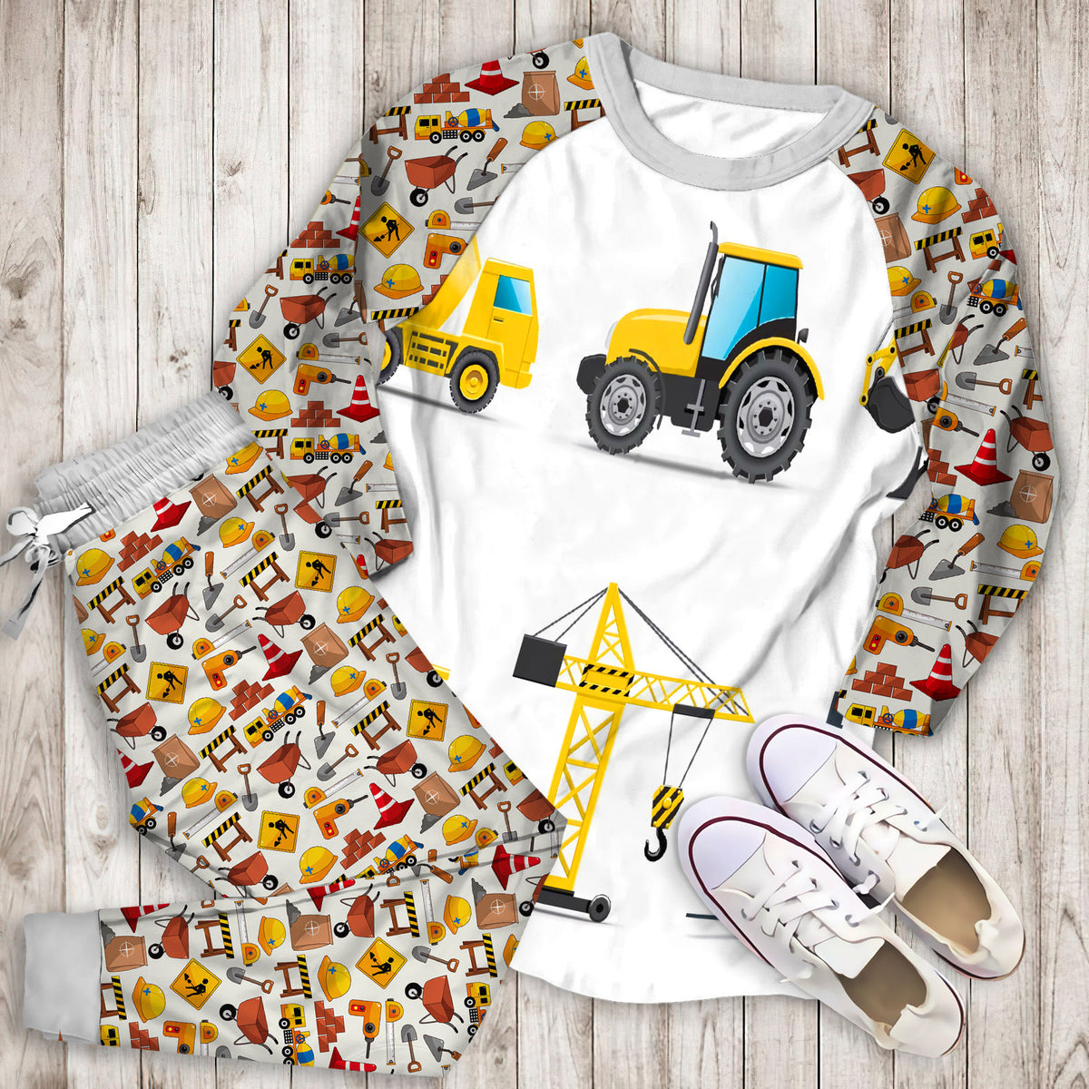 Construction Truck Pajama Set | Pajamas | Cotton Sleepwear Sets | Soft Long Sleeve Pjs | Raglan Shirt and Pants Set