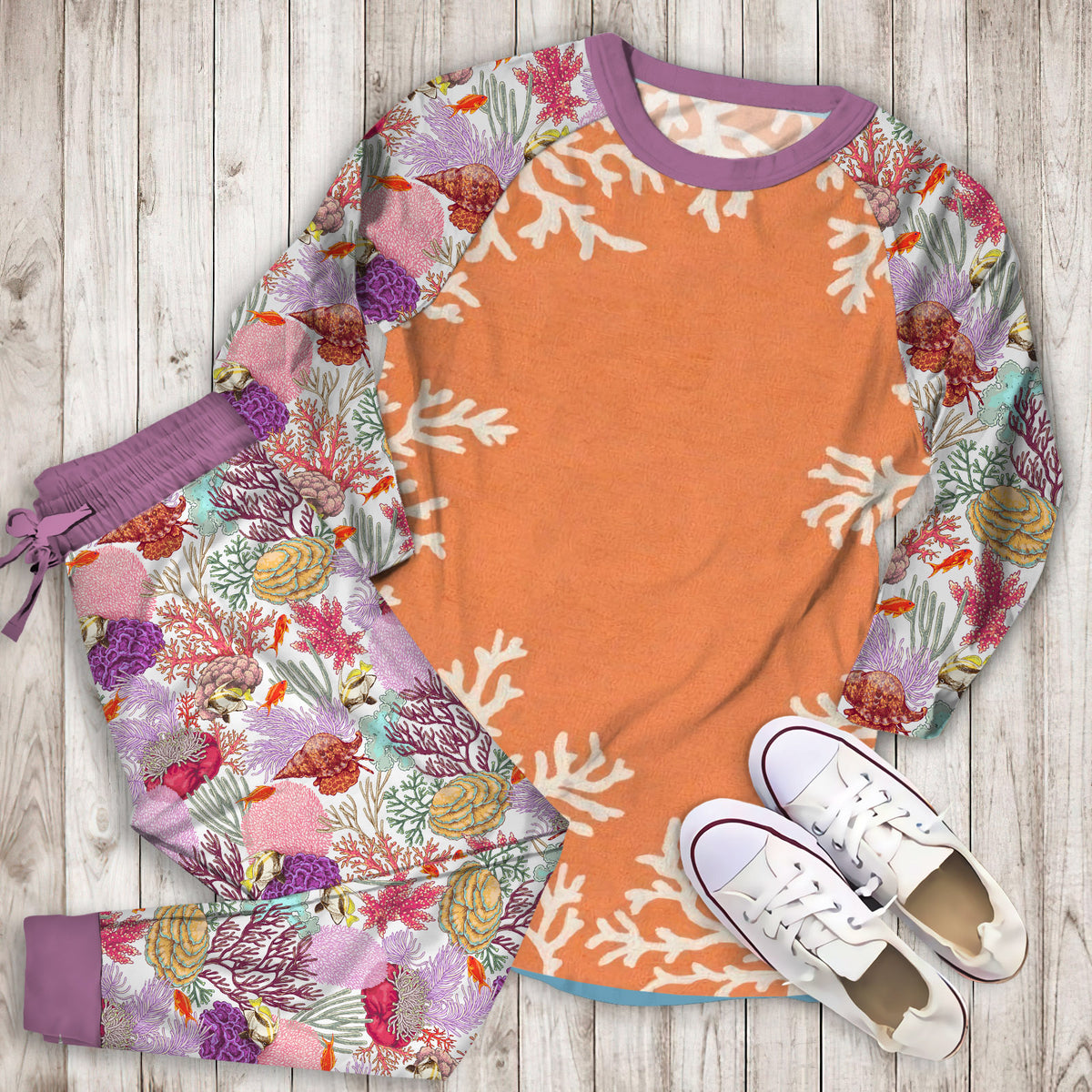 Coral Border Pajama Set | Pajamas | Cotton Sleepwear Sets | Soft Long Sleeve Pjs | Raglan Shirt and Pants Set