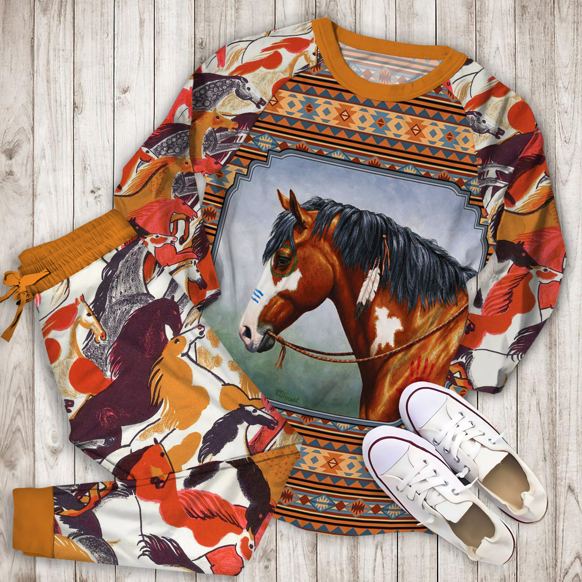 Horse Pajama Set | Pajamas | Cotton Sleepwear Sets | Soft Long Sleeve Pjs | Raglan Shirt and Pants Set