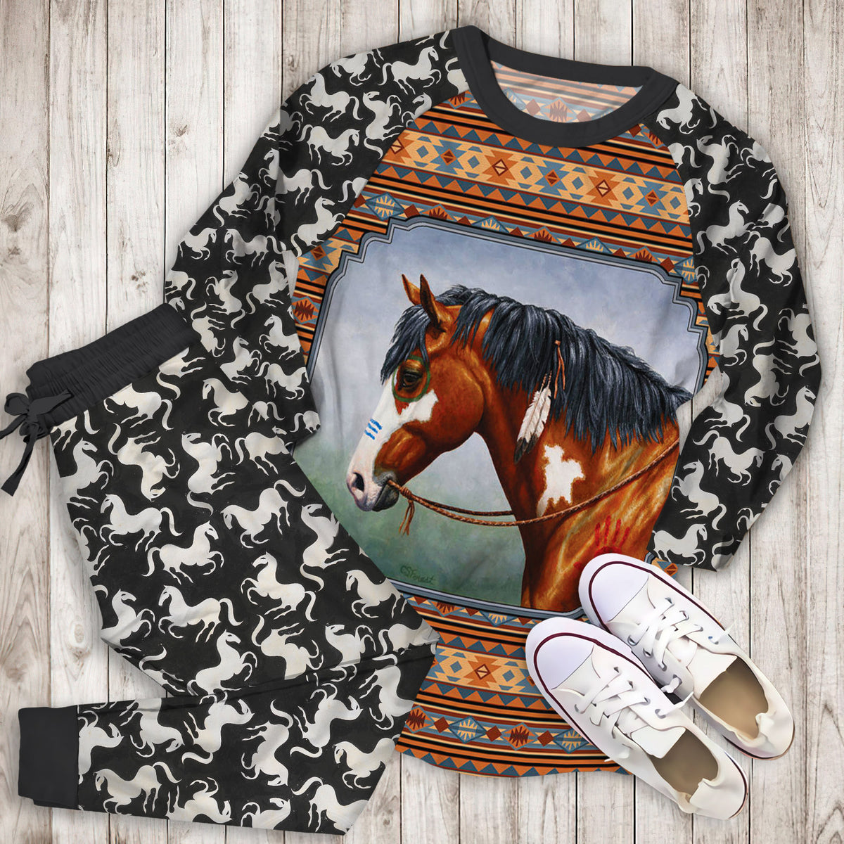 Horse Pajama Set | Pajamas | Cotton Sleepwear Sets | Soft Long Sleeve Pjs | Raglan Shirt and Pants Set