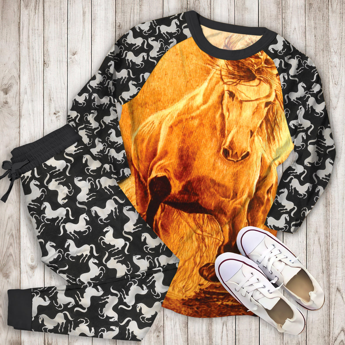Horse Pajama Set | Pajamas | Cotton Sleepwear Sets | Soft Long Sleeve Pjs | Raglan Shirt and Pants Set