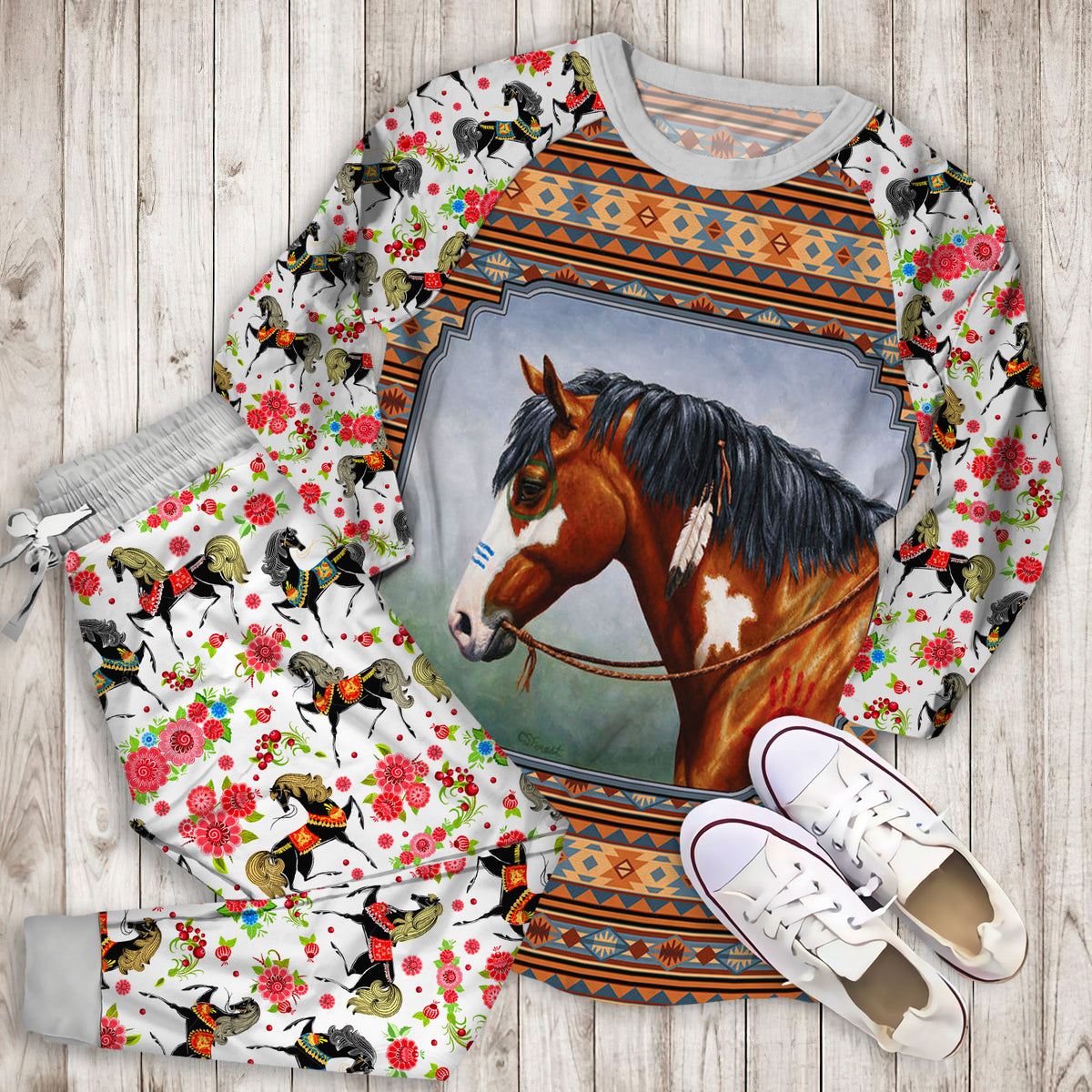 Horse Pajama Set | Pajamas | Cotton Sleepwear Sets | Soft Long Sleeve Pjs | Raglan Shirt and Pants Set