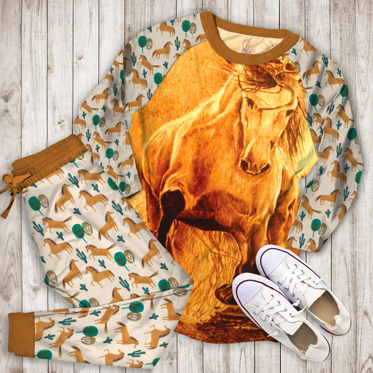Horse Pajama Set | Pajamas | Cotton Sleepwear Sets | Soft Long Sleeve Pjs | Raglan Shirt and Pants Set