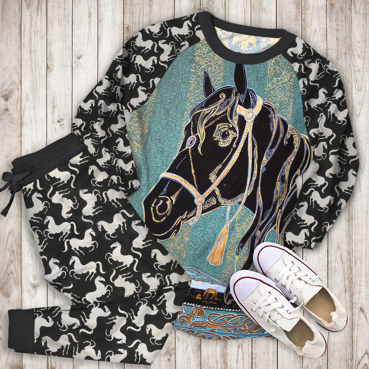 Horse Pajama Set | Pajamas | Cotton Sleepwear Sets | Soft Long Sleeve Pjs | Raglan Shirt and Pants Set