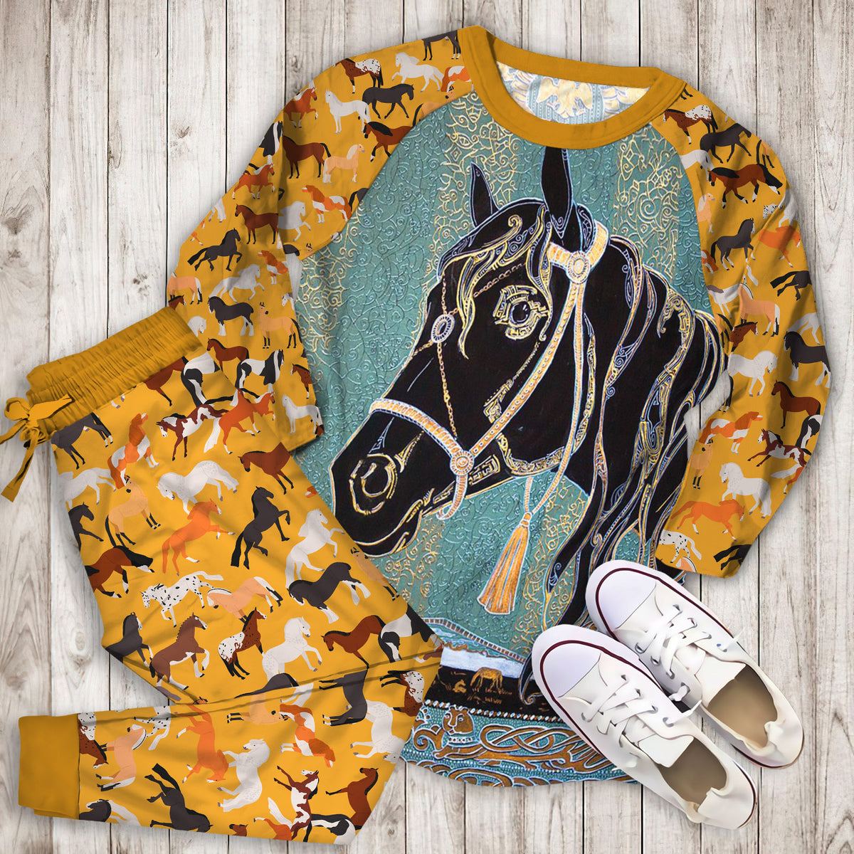 Horse Pajama Set | Pajamas | Cotton Sleepwear Sets | Soft Long Sleeve Pjs | Raglan Shirt and Pants Set