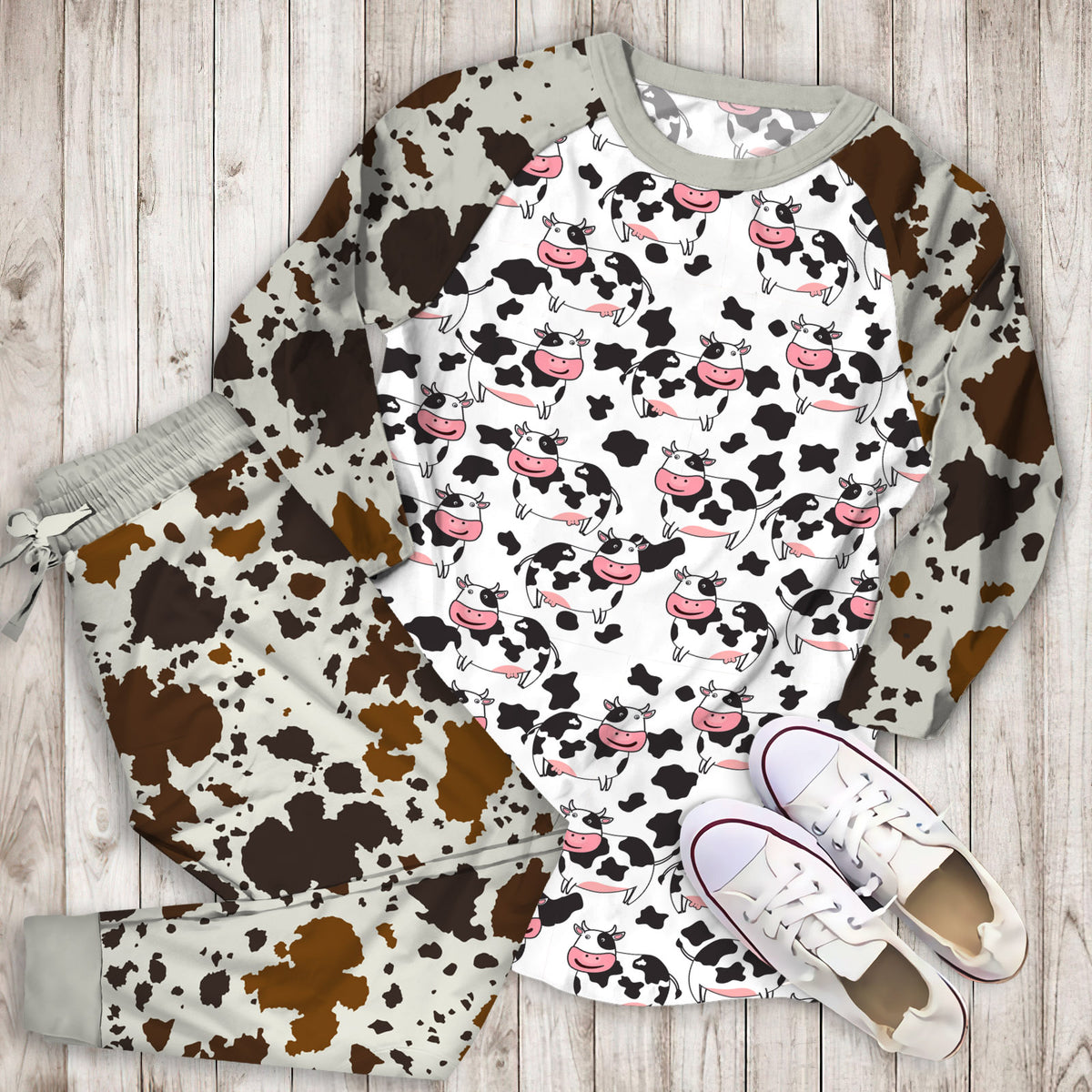 Cow Pattern Pajama Set | Pajamas | Cotton Sleepwear Sets | Soft Long Sleeve Pjs | Raglan Shirt and Pants Set