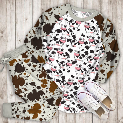 Cow Pattern Pajama Set | Pajamas | Cotton Sleepwear Sets | Soft Long Sleeve Pjs | Raglan Shirt and Pants Set