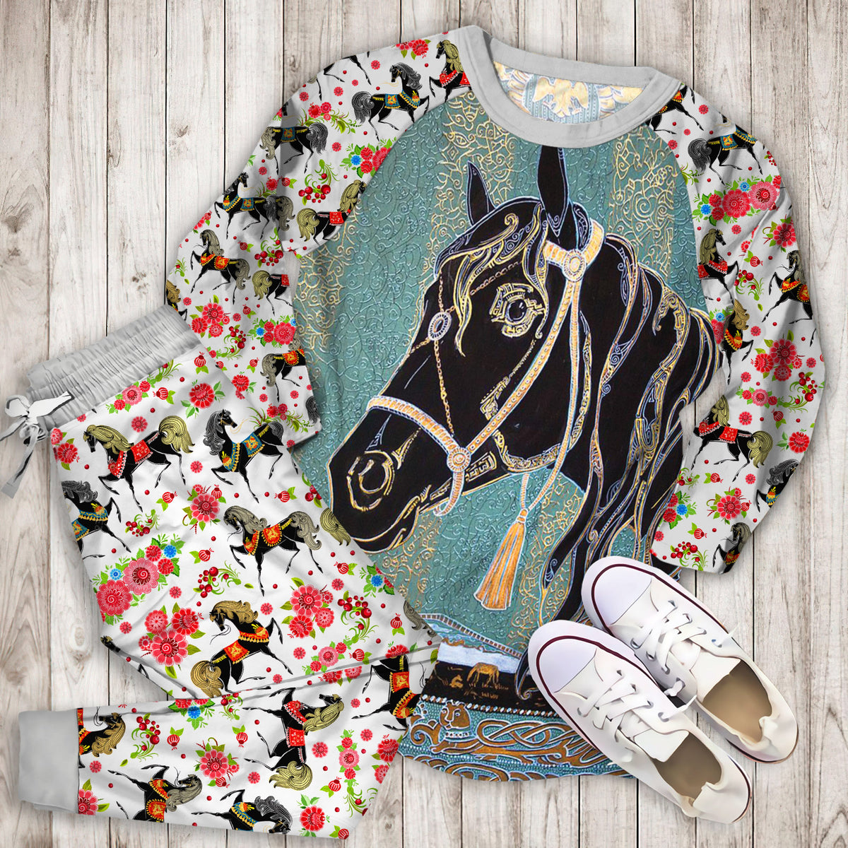 Horse Pajama Set | Pajamas | Cotton Sleepwear Sets | Soft Long Sleeve Pjs | Raglan Shirt and Pants Set