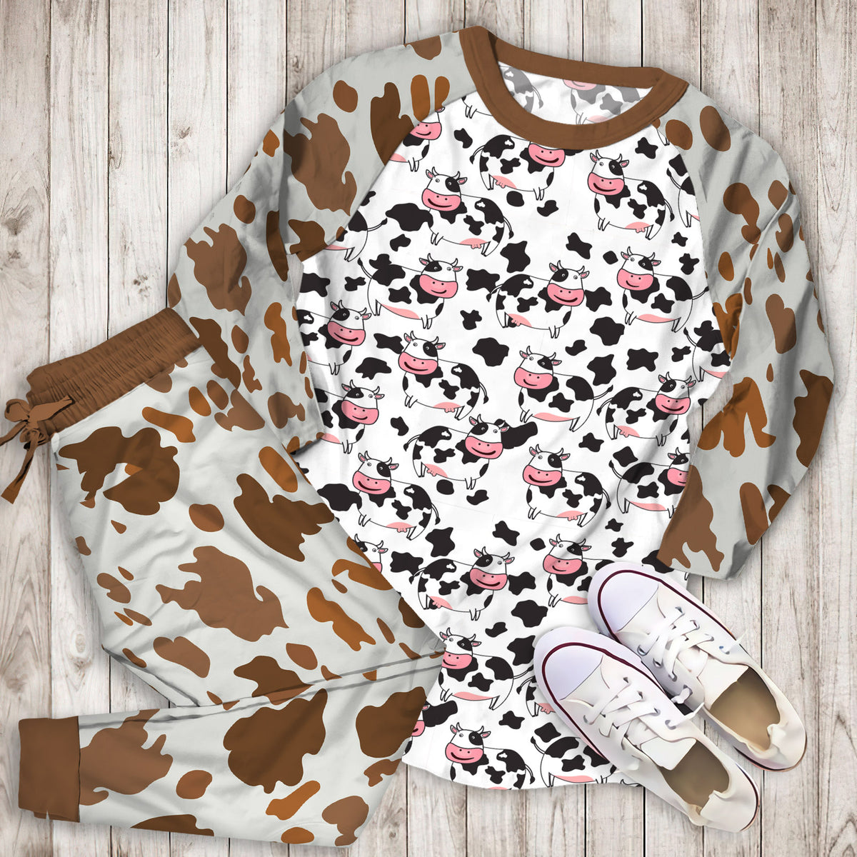 Cow Pattern Pajama Set | Pajamas | Cotton Sleepwear Sets | Soft Long Sleeve Pjs | Raglan Shirt and Pants Set