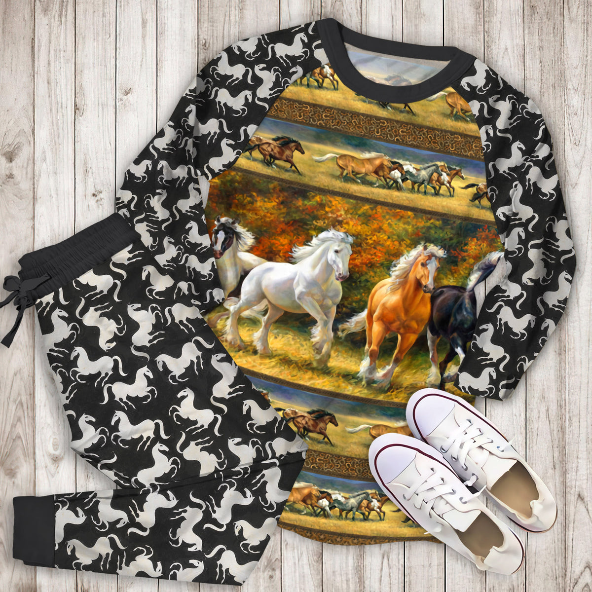 Horses Running Pajama Set | Pajamas | Cotton Sleepwear Sets | Soft Long Sleeve Pjs | Raglan Shirt and Pants Set