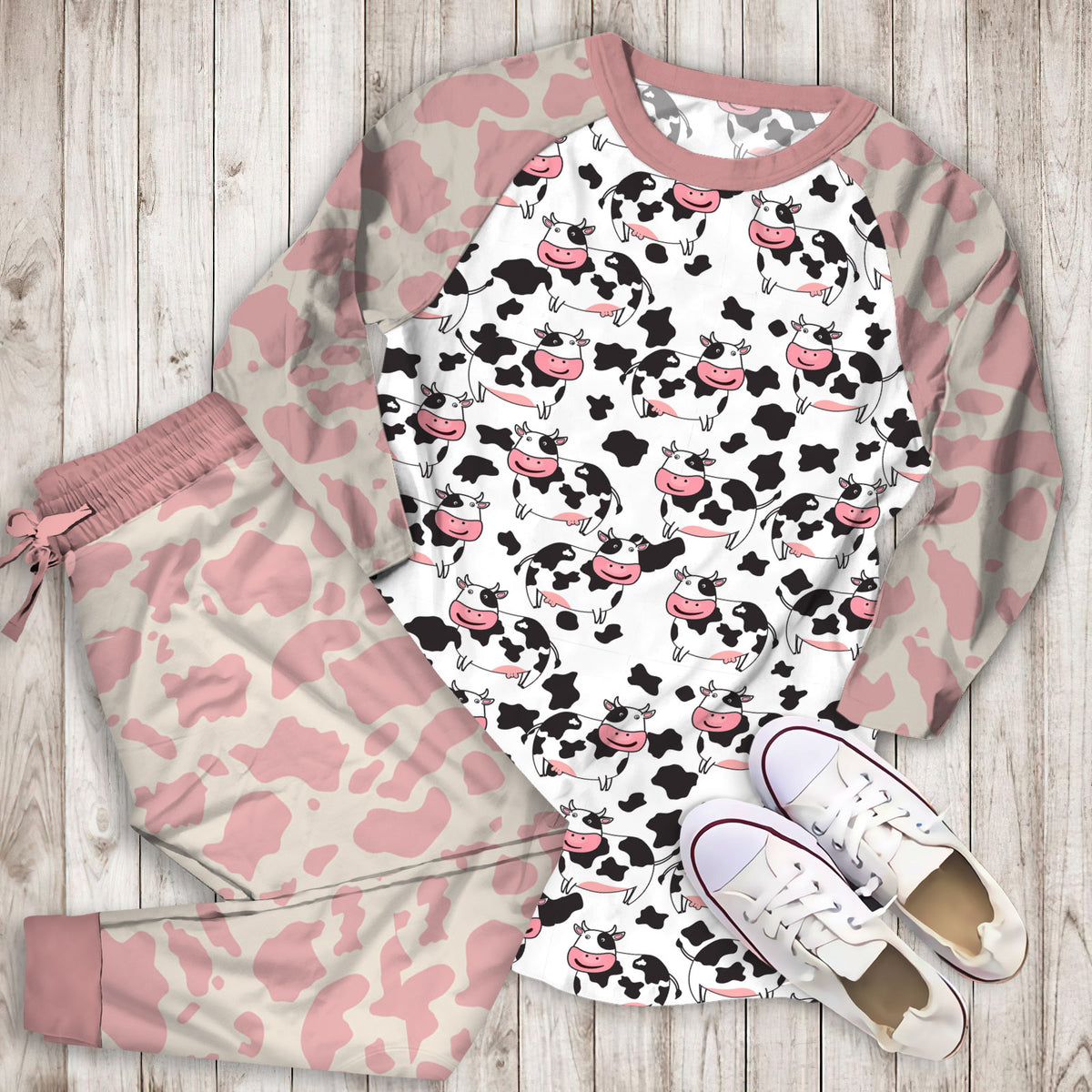 Cow Pattern Pajama Set | Pajamas | Cotton Sleepwear Sets | Soft Long Sleeve Pjs | Raglan Shirt and Pants Set