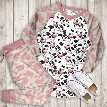 Cow Pattern Pajama Set | Pajamas | Cotton Sleepwear Sets | Soft Long Sleeve Pjs | Raglan Shirt and Pants Set