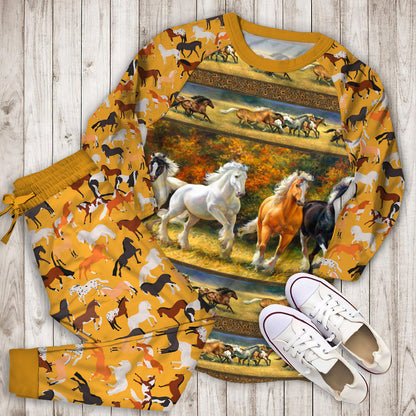 Horses Running Pajama Set | Pajamas | Cotton Sleepwear Sets | Soft Long Sleeve Pjs | Raglan Shirt and Pants Set