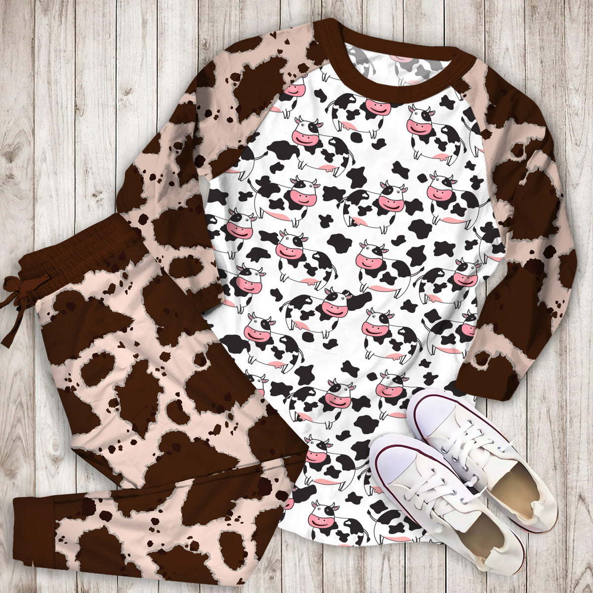 Cow Pattern Pajama Set | Pajamas | Cotton Sleepwear Sets | Soft Long Sleeve Pjs | Raglan Shirt and Pants Set