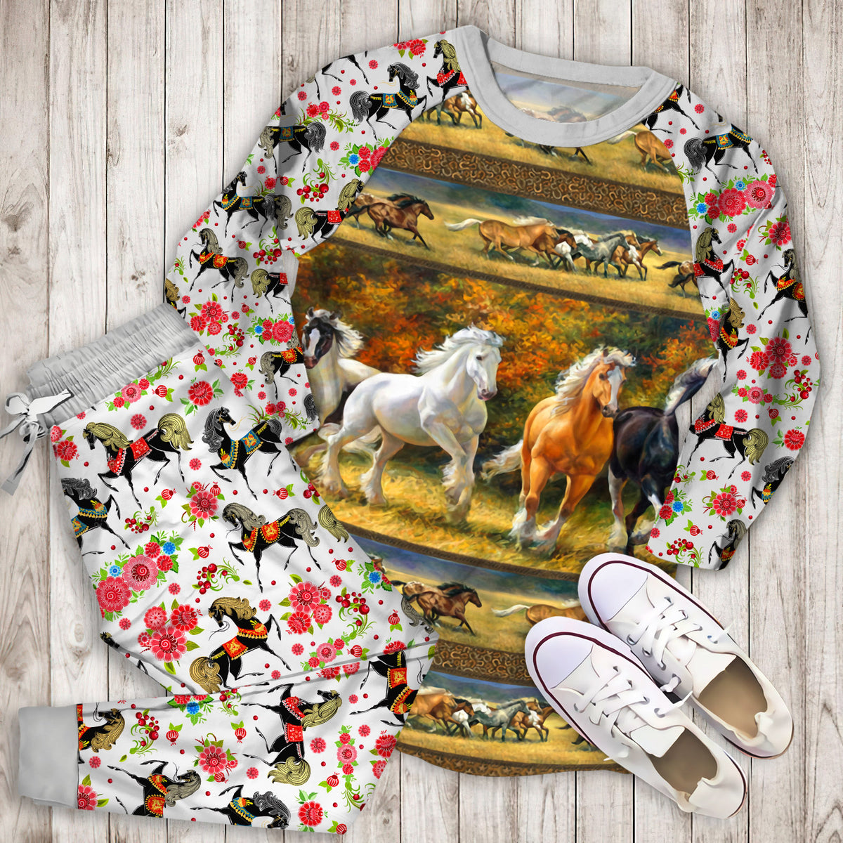 Horses Running Pajama Set | Pajamas | Cotton Sleepwear Sets | Soft Long Sleeve Pjs | Raglan Shirt and Pants Set