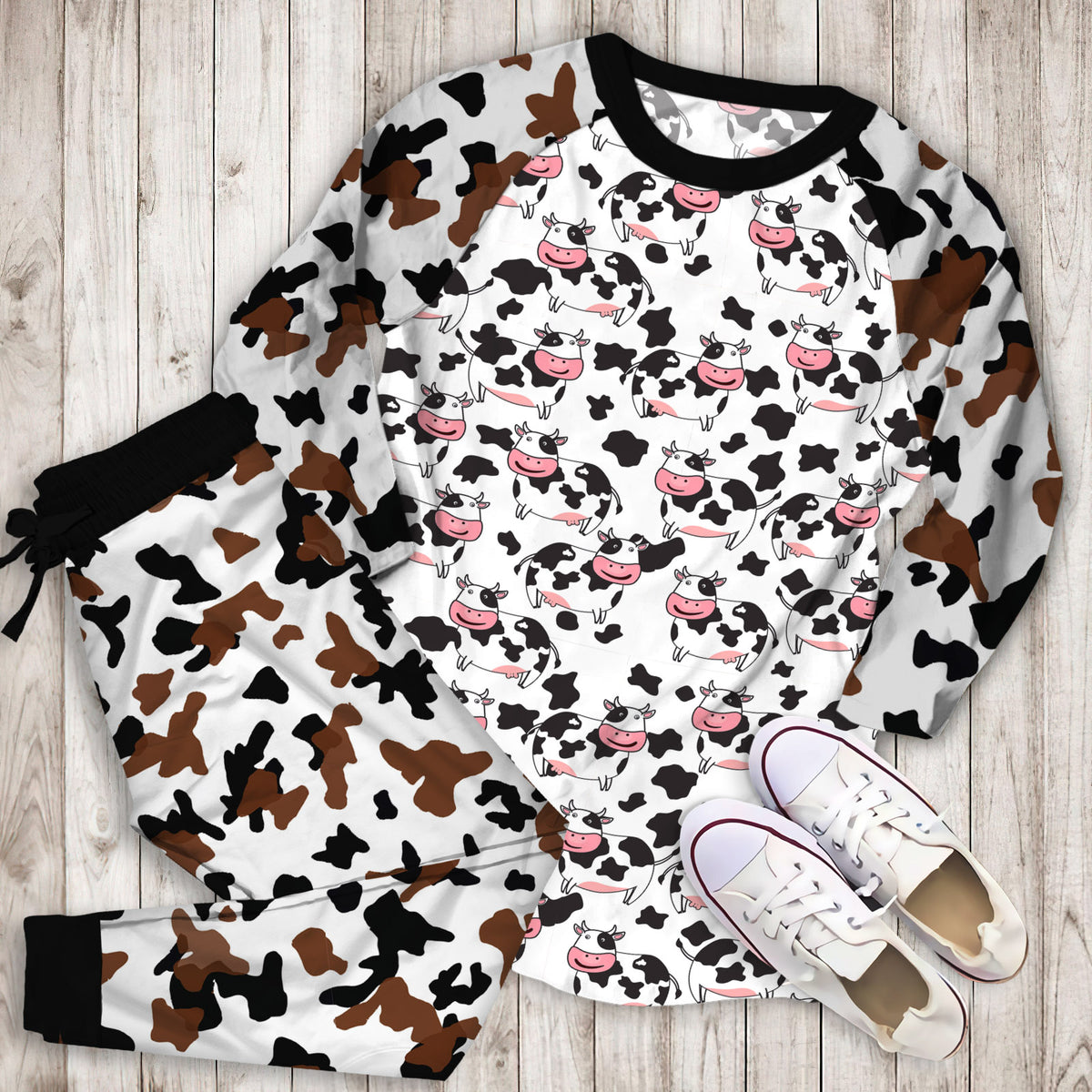 Cow Pattern Pajama Set | Pajamas | Cotton Sleepwear Sets | Soft Long Sleeve Pjs | Raglan Shirt and Pants Set