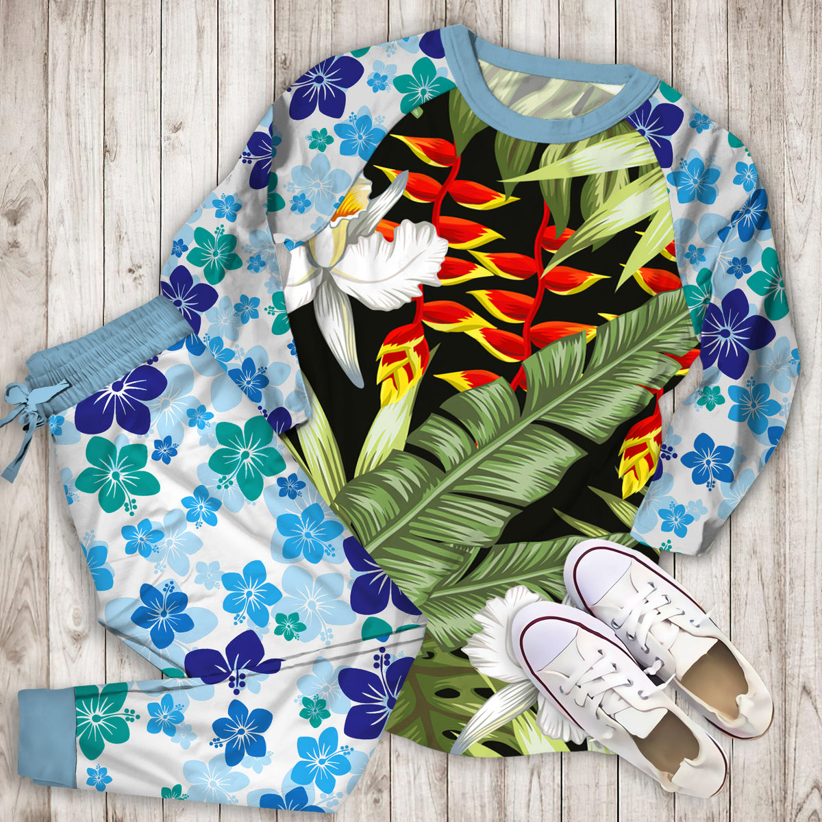 Hawaii Tropical Plants Pajama Set | Pajamas | Cotton Sleepwear Sets | Soft Long Sleeve Pjs | Raglan Shirt and Pants Set